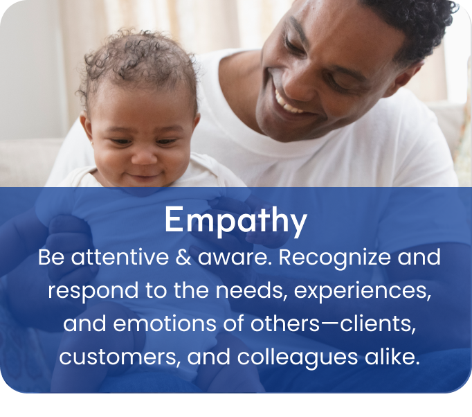 Empathy -
Be attentive & aware. Recognize and respond to the needs, experiences, and emotions of others—clients, customers, and colleagues alike.